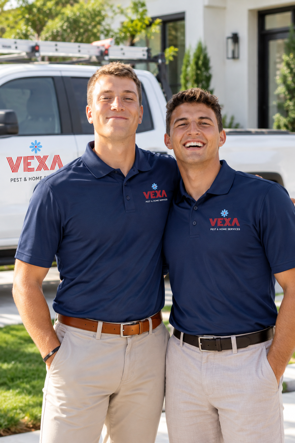Mike Moore (left) and Daylor Rymer (right), owners of Vexa Pest Control, in front of the Vexa truck